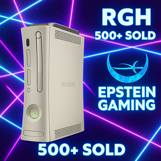 Gaming console with 'Epstein Gaming' branding and neon lights on a dark background. RGH 500+ Sold